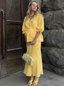 Two Piece Sets Yellow Casual Street Wear V-Neck Puff Sleeves 3/4 Length Sleeves Skirt Set