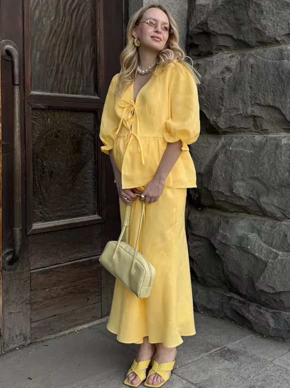 Two Piece Sets Yellow Casual Street Wear V-Neck Puff Sleeves 3/4 Length Sleeves Skirt Set