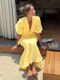 Two Piece Sets Yellow Casual Street Wear V-Neck Puff Sleeves 3/4 Length Sleeves Skirt Set