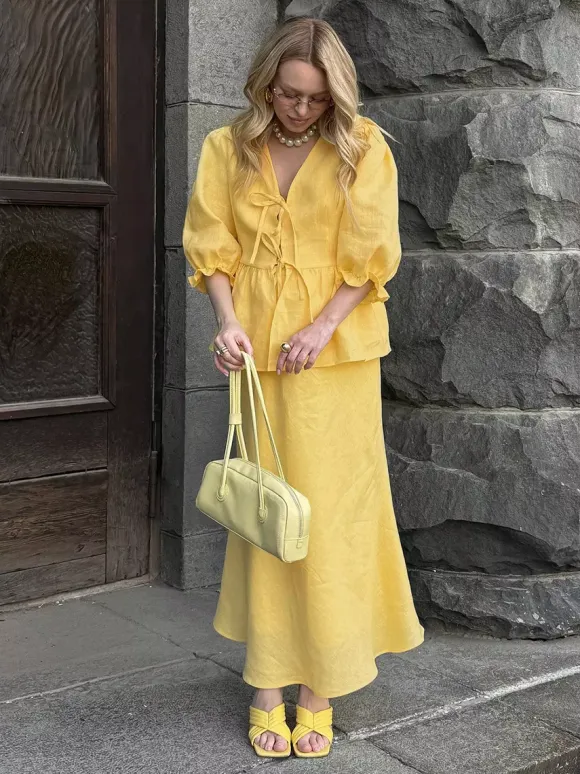 Two Piece Sets Yellow Casual Street Wear V-Neck Puff Sleeves 3/4 Length Sleeves Skirt Set
