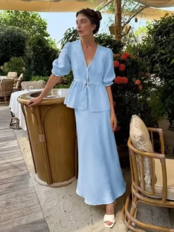 Two Piece Sets Yellow Casual Street Wear V-Neck Puff Sleeves 3/4 Length Sleeves Skirt Set