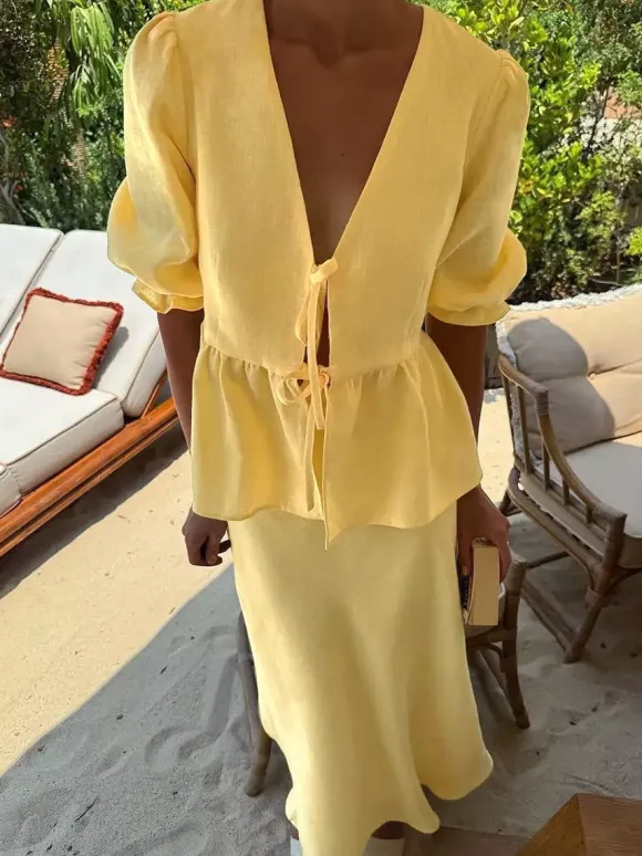 Two Piece Sets Yellow Casual Street Wear V-Neck Puff Sleeves 3/4 Length Sleeves Skirt Set