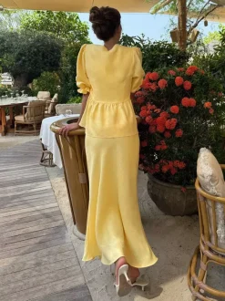 Two Piece Sets Yellow Casual Street Wear V-Neck Puff Sleeves 3/4 Length Sleeves Skirt Set