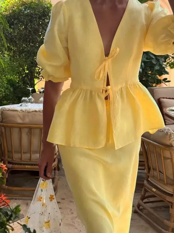 Two Piece Sets Yellow Casual Street Wear V-Neck Puff Sleeves 3/4 Length Sleeves Skirt Set