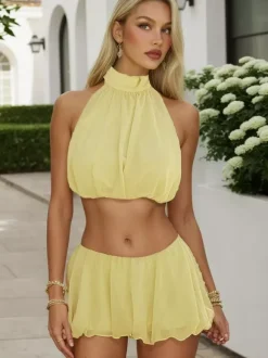 Two Piece Sets Yellow Sexy Ruffles Party High Collar Sleeveless Skirt Set