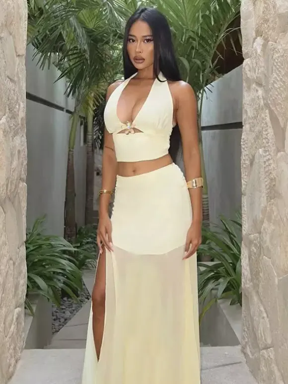 Two Piece Sets Yellow Street Wear Cut Out Casual Halter Sleeveless Skirt Set