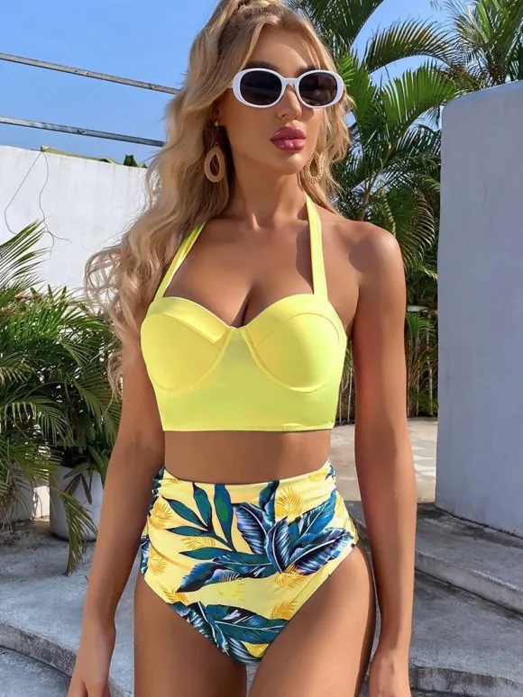 Two Piece Vintage Swimsuits Pink Printed Pattern Lace Up Square Neck Backless Summer Beach Bathing Suits For Women