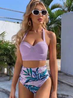 Two Piece Vintage Swimsuits Pink Printed Pattern Lace Up Square Neck Backless Summer Beach Bathing Suits For Women