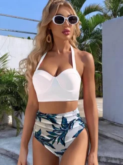Two Piece Vintage Swimsuits Pink Printed Pattern Lace Up Square Neck Backless Summer Beach Bathing Suits For Women