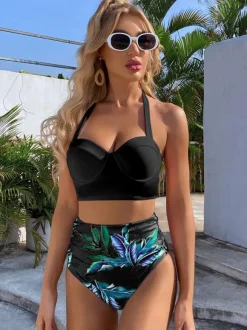 Two Piece Vintage Swimsuits Pink Printed Pattern Lace Up Square Neck Backless Summer Beach Bathing Suits For Women