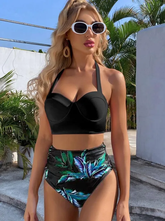 Two Piece Vintage Swimsuits Pink Printed Pattern Lace Up Square Neck Backless Summer Beach Bathing Suits For Women