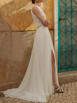 Two-piece wedding dress Boho wedding dress Chiffon Jewel Neck Two-piece With Train Backless Sleeveless