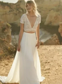 Two-piece wedding dress Boho wedding dress Chiffon V-Neck A-Line With Train Wedding Dress Functional Buttons Short Sleeves Long