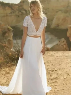 Two-piece wedding dress Boho wedding dress Chiffon V-Neck A-Line With Train Wedding Dress Functional Buttons Short Sleeves Long