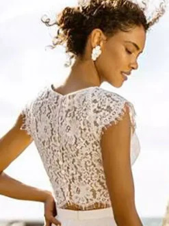 Two-piece wedding dress Chiffon Jewel Neck Two-piece Floor-Length Wedding Dress Functional Buttons Short Sleeves Floor Length