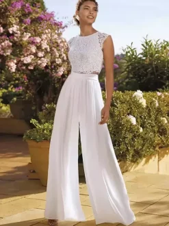 Two-piece wedding dress Chiffon Jewel Neck Two-piece Floor-Length Wedding Dress Functional Buttons Short Sleeves Floor Length