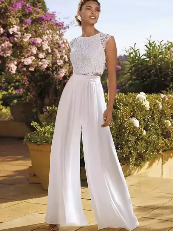 Two-piece wedding dress Chiffon Jewel Neck Two-piece Floor-Length Wedding Dress Functional Buttons Short Sleeves Floor Length