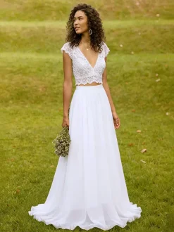 Two-piece wedding dress Chiffon V-Neck Two-piece With Train Wedding Dress Functional Buttons Short Sleeves Long