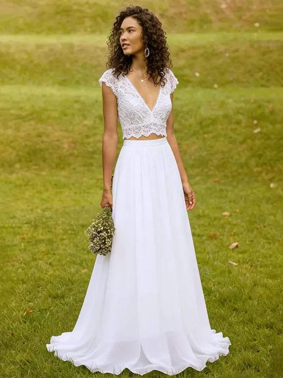 Two-piece wedding dress Chiffon V-Neck Two-piece With Train Wedding Dress Functional Buttons Short Sleeves Long