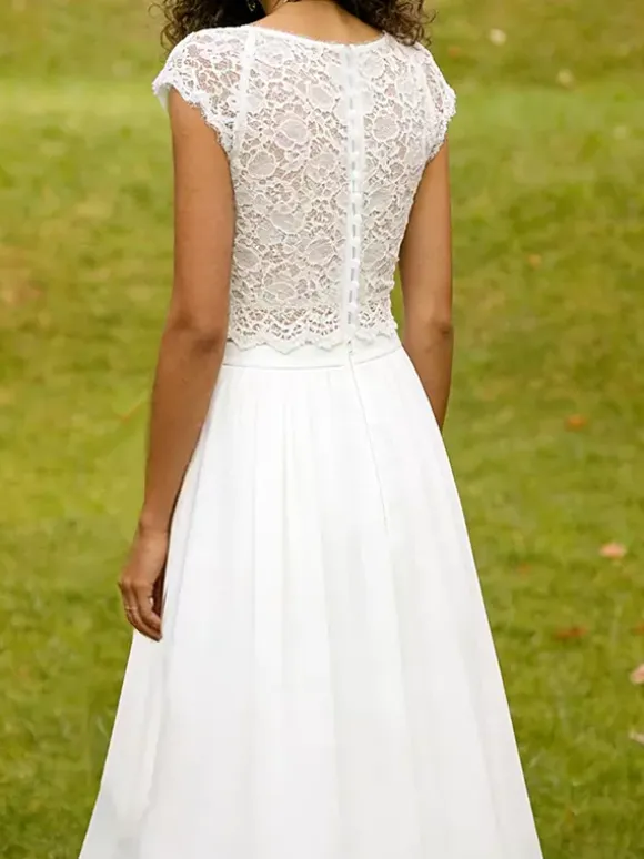 Two-piece wedding dress Chiffon V-Neck Two-piece With Train Wedding Dress Functional Buttons Short Sleeves Long