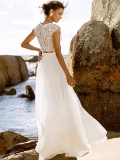 Two-piece wedding dress Chiffon Jewel Neck A-Line Floor-Length Wedding Dress Functional Buttons Short Sleeves