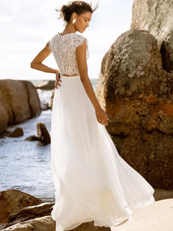 Two-piece wedding dress Chiffon Jewel Neck A-Line Floor-Length Wedding Dress Functional Buttons Short Sleeves