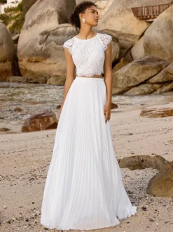 Two-piece wedding dress Chiffon Jewel Neck A-Line Floor-Length Wedding Dress Functional Buttons Short Sleeves