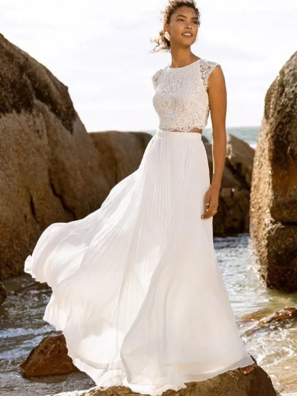 Two-piece wedding dress Chiffon Jewel Neck A-Line Floor-Length Wedding Dress Functional Buttons Short Sleeves
