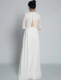 Two-piece wedding dress Chiffon High Collar Two-piece Floor-Length Backless Long Sleeves