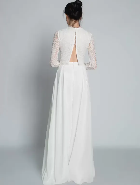 Two-piece wedding dress Chiffon High Collar Two-piece Floor-Length Backless Long Sleeves