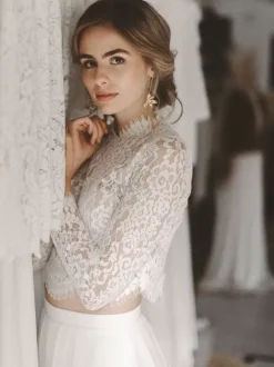 Two-piece wedding dress Chiffon High Collar Two-piece Floor-Length Backless Long Sleeves