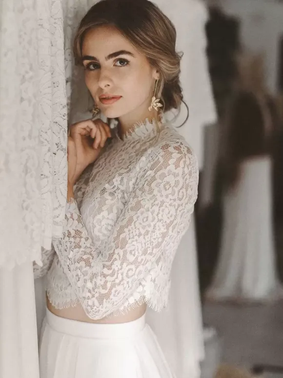 Two-piece wedding dress Chiffon High Collar Two-piece Floor-Length Backless Long Sleeves