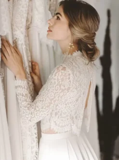 Two-piece wedding dress Chiffon High Collar Two-piece Floor-Length Backless Long Sleeves