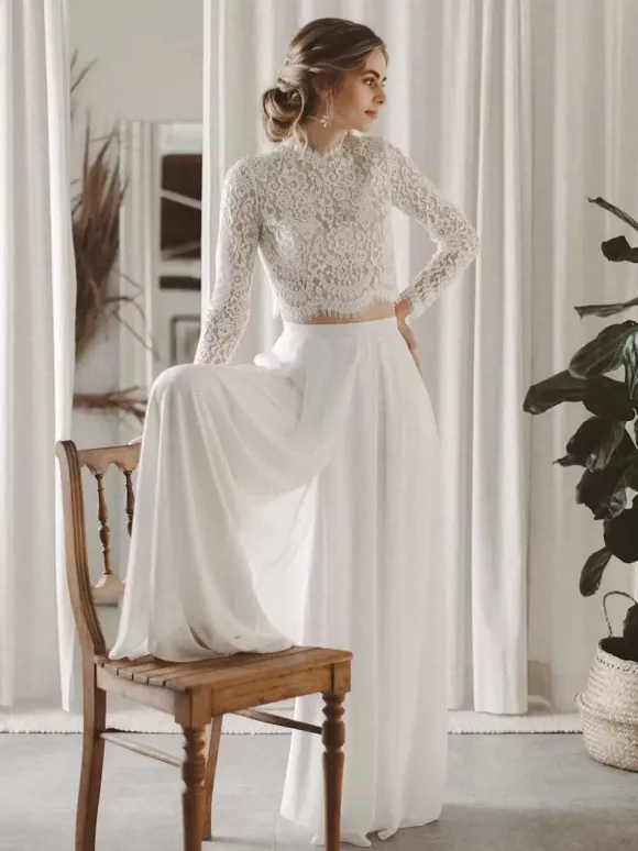 Two-piece wedding dress Chiffon High Collar Two-piece Floor-Length Backless Long Sleeves