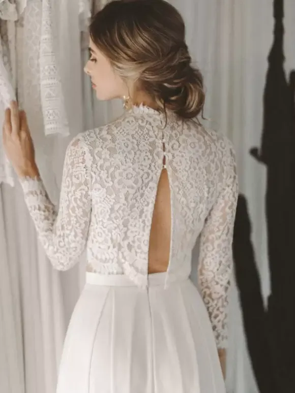 Two-piece wedding dress Chiffon High Collar Two-piece Floor-Length Backless Long Sleeves