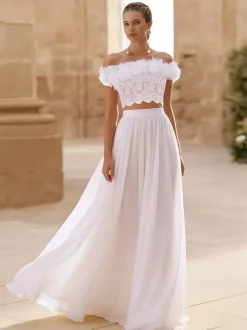 Two-piece wedding dress Chiffon Bateau Neck Two-piece Floor-Length Wedding Dress Functional Buttons Short Sleeves Floor Length