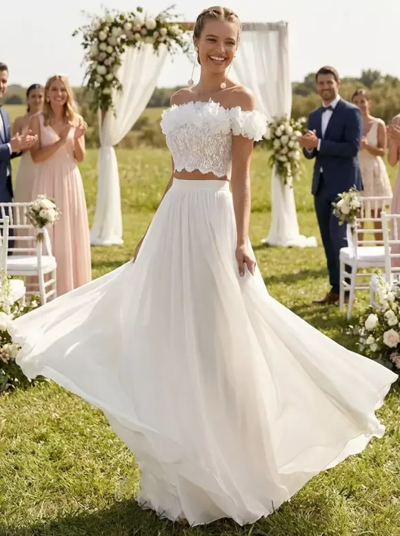 Two-piece wedding dress Chiffon Bateau Neck Two-piece Floor-Length Wedding Dress Functional Buttons Short Sleeves Floor Length