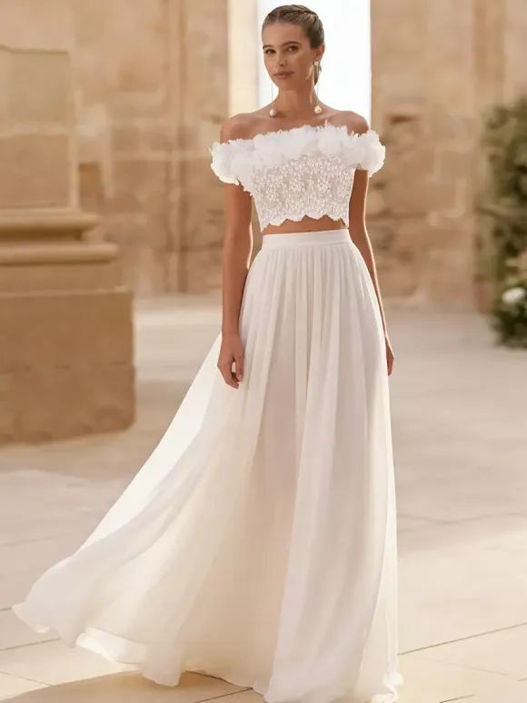Two-piece wedding dress Chiffon Bateau Neck Two-piece Floor-Length Wedding Dress Functional Buttons Short Sleeves Floor Length