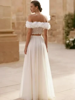 Two-piece wedding dress Chiffon Bateau Neck Two-piece Floor-Length Wedding Dress Functional Buttons Short Sleeves Floor Length