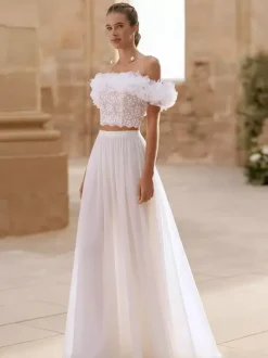 Two-piece wedding dress Chiffon Bateau Neck Two-piece Floor-Length Wedding Dress Functional Buttons Short Sleeves Floor Length