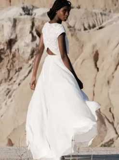 Two-piece wedding dress Chiffon Jewel Neck A-Line Tea-Length Zipper Short Sleeves Long