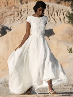 Two-piece wedding dress Chiffon Jewel Neck A-Line Tea-Length Zipper Short Sleeves Long