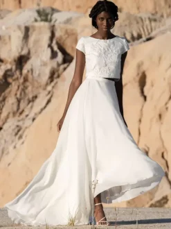 Two-piece wedding dress Chiffon Jewel Neck A-Line Tea-Length Zipper Short Sleeves Long