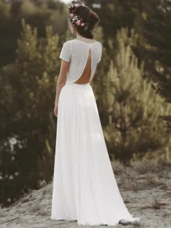 Two-piece wedding dress Chiffon Jewel Neck A-Line With Train Wedding Dress Functional Buttons Short Sleeves