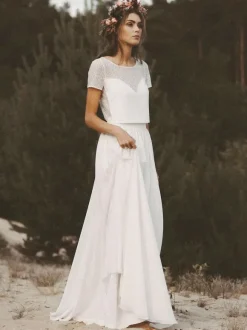 Two-piece wedding dress Chiffon Jewel Neck A-Line With Train Wedding Dress Functional Buttons Short Sleeves