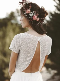 Two-piece wedding dress Chiffon Jewel Neck A-Line With Train Wedding Dress Functional Buttons Short Sleeves