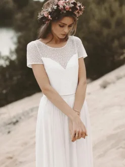 Two-piece wedding dress Chiffon Jewel Neck A-Line With Train Wedding Dress Functional Buttons Short Sleeves