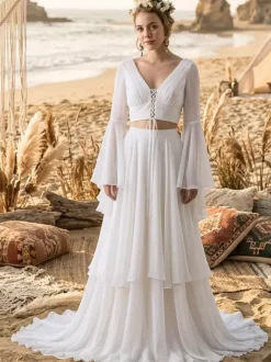 Two-piece Wedding Dress Chiffon Designed Neckline A-Line With Train Long Sleeves Long