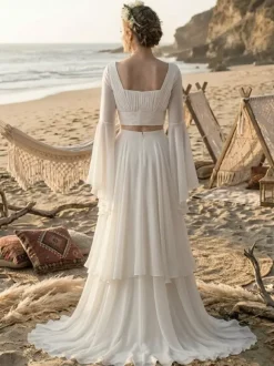 Two-piece Wedding Dress Chiffon Designed Neckline A-Line With Train Long Sleeves Long