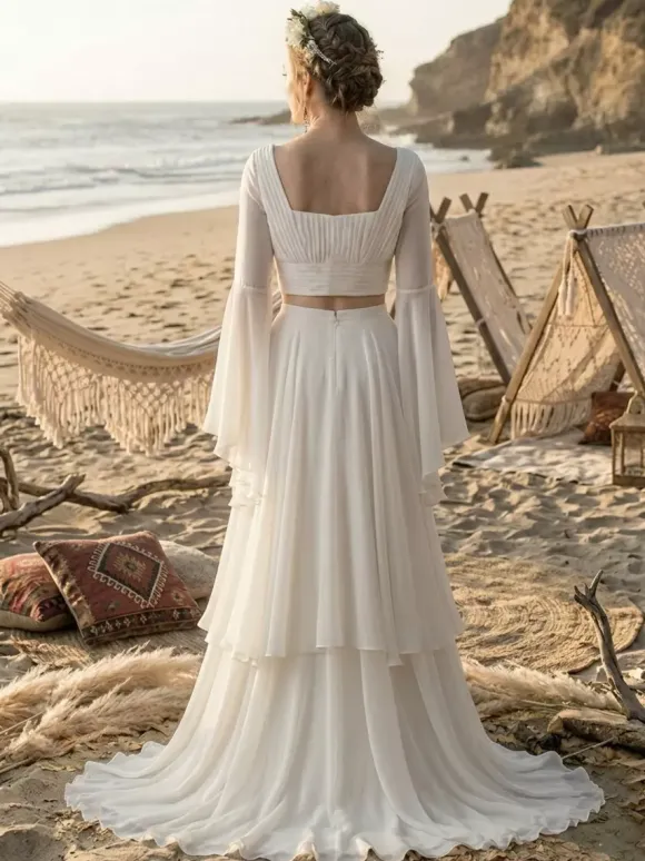 Two-piece Wedding Dress Chiffon Designed Neckline A-Line With Train Long Sleeves Long
